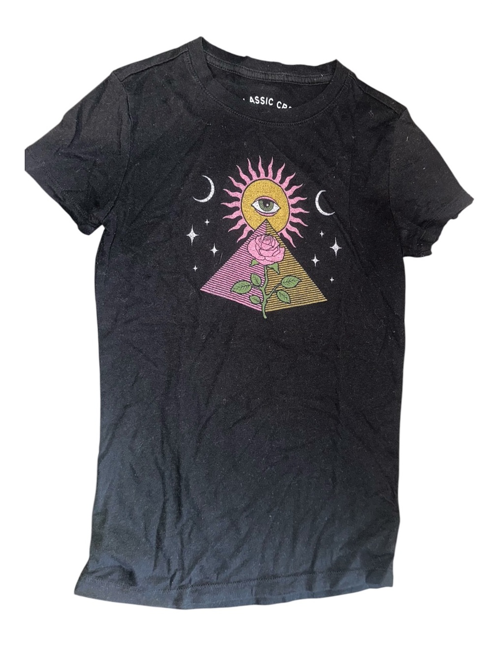 Aeropostale Black Short Sleeve Tee with Pink Rose & Gold Sun Graphic